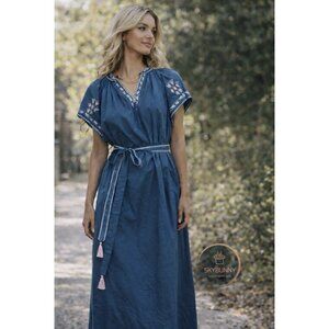 Ex Voto Bri Embroidered Cotton Blue Midi Dress XS/S NWT Lined Tassel Belt $269